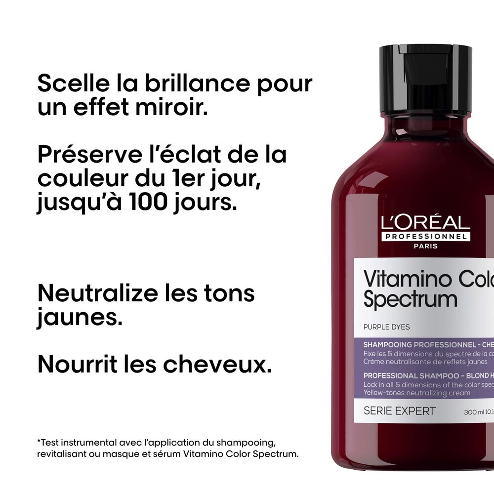 L’Oréal Professionnel Vitamino Color Spectrum shampoing violet 300 ml pour cheveux blonds, conçu pour neutraliser les tons jaunes et préserver la brillance.