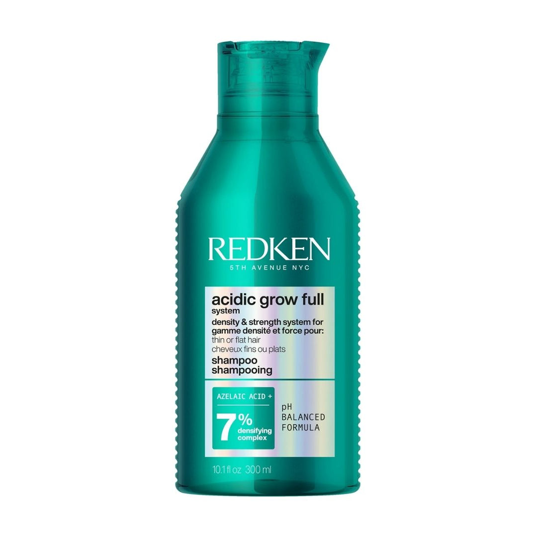 Shampoing Redken Acidic Grow Full 300 ml en flacon turquoise brillant avec étiquette argentée, présenté sur fond blanc, conçu pour cheveux fins ou plats pour plus de densité et de volume.