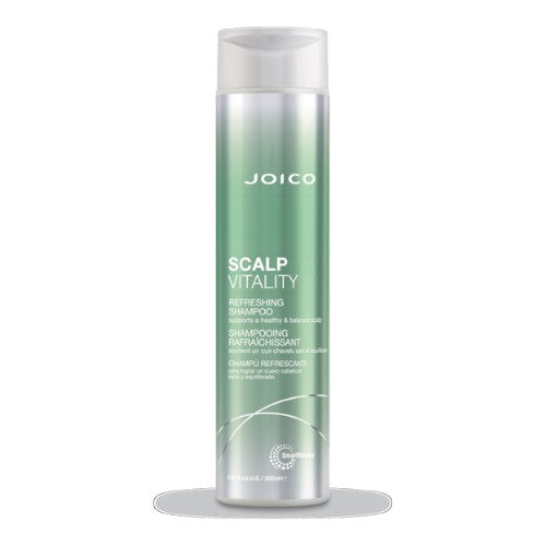 Flacon de 300 ml du shampooing Joico Scalp Vitality, finition vert métallisé et argent, étiquette bilingue, présenté verticalement sur fond blanc.