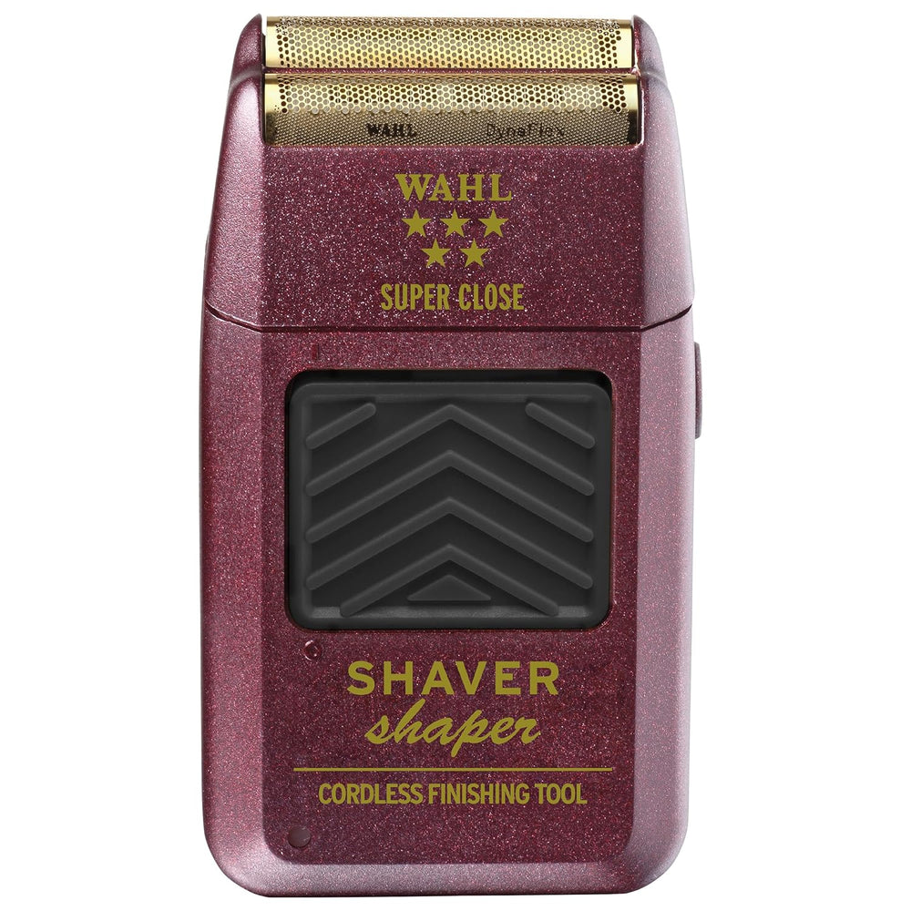 Rasoir de finition Wahl Super Close rouge pailleté avec grille dorée hypoallergénique, shaver professionnel sans fil, vue de face sur fond blanc.