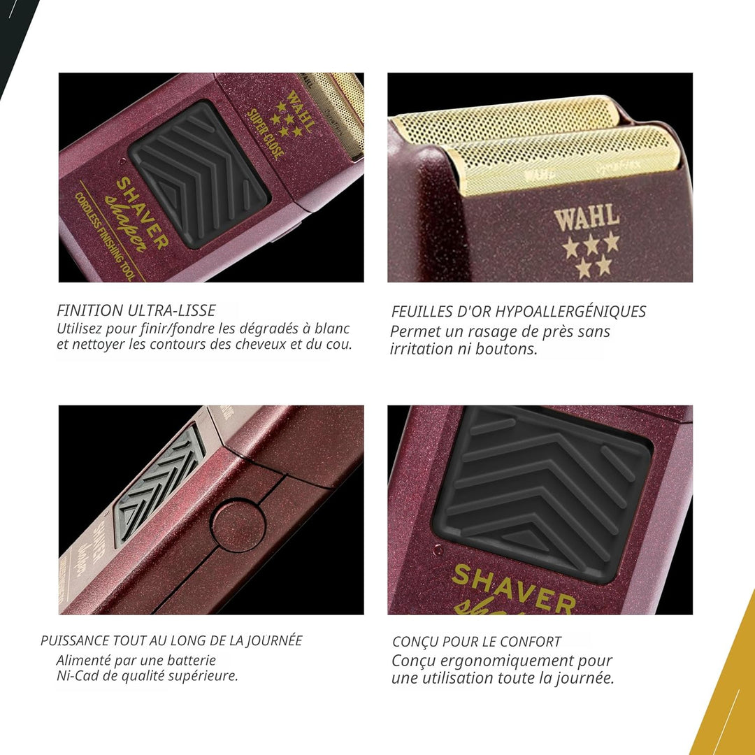Gros plans du rasoir Wahl Super Close montrant la grille dorée hypoallergénique, la tête de rasage et les détails ergonomiques du shaver rouge.