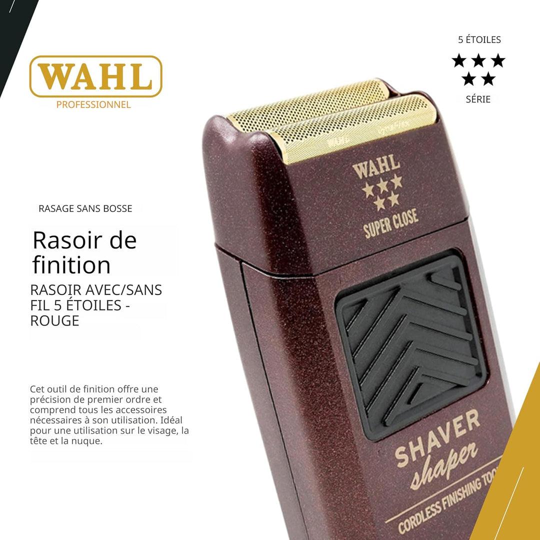 Rasoir de finition Wahl Professional Super Close rouge avec tête dorée, visuel marketing avec texte descriptif, design compact et ergonomique.