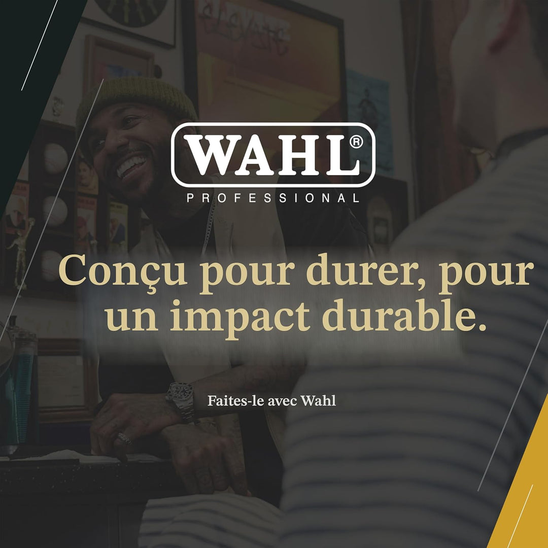 Visuel branding Wahl Professional avec slogan, ambiance barber shop, mettant en avant la qualité professionnelle du rasoir de finition.