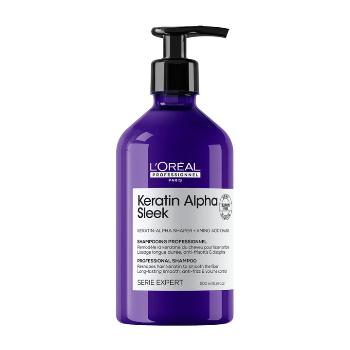 Shampoing L’Oréal Professionnel Keratin Alpha Sleek 500 ml en bouteille violette avec pompe noire, soin lissant professionnel pour cheveux.