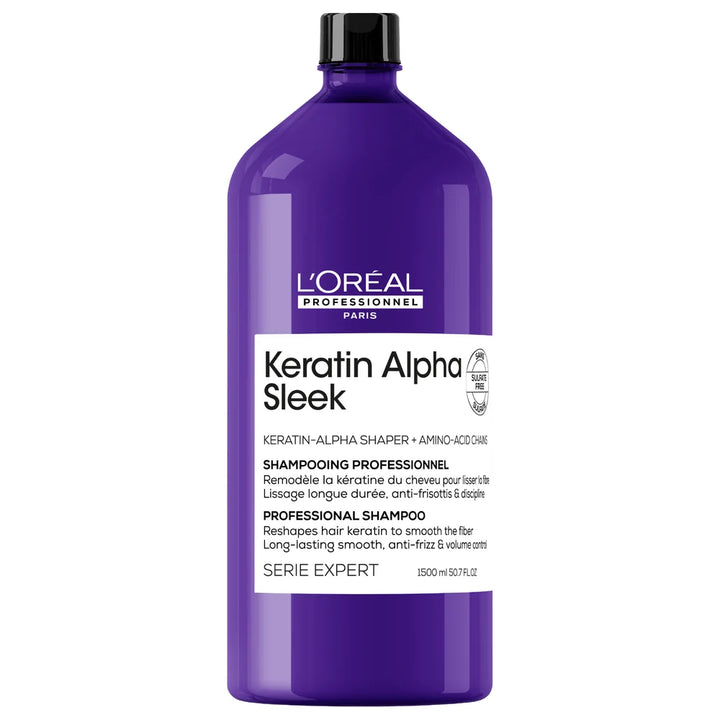 Shampoing L’Oréal Professionnel Keratin Alpha Sleek 1500 ml en grand format violet, conçu pour lisser et discipliner les cheveux.
