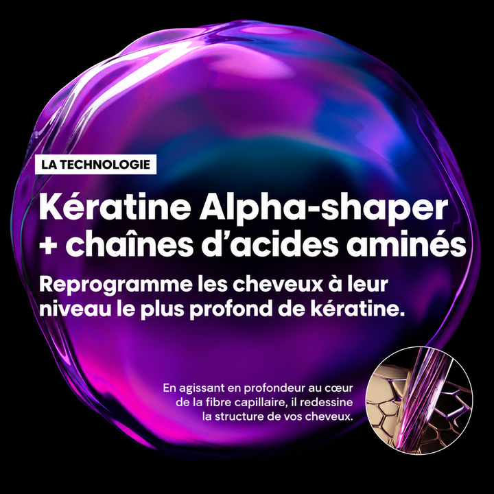 Technologie Keratin Alpha Sleek de L’Oréal Professionnel avec Keratin Alpha-Shaper et chaînes d’acides aminés pour la fibre capillaire.