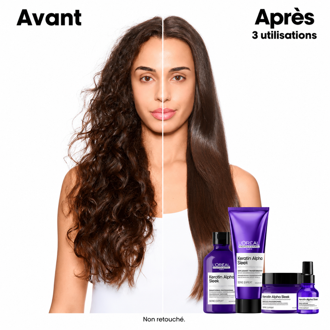 Résultat avant et après 3 utilisations de la routine L’Oréal Professionnel Keratin Alpha Sleek sur des cheveux longs.