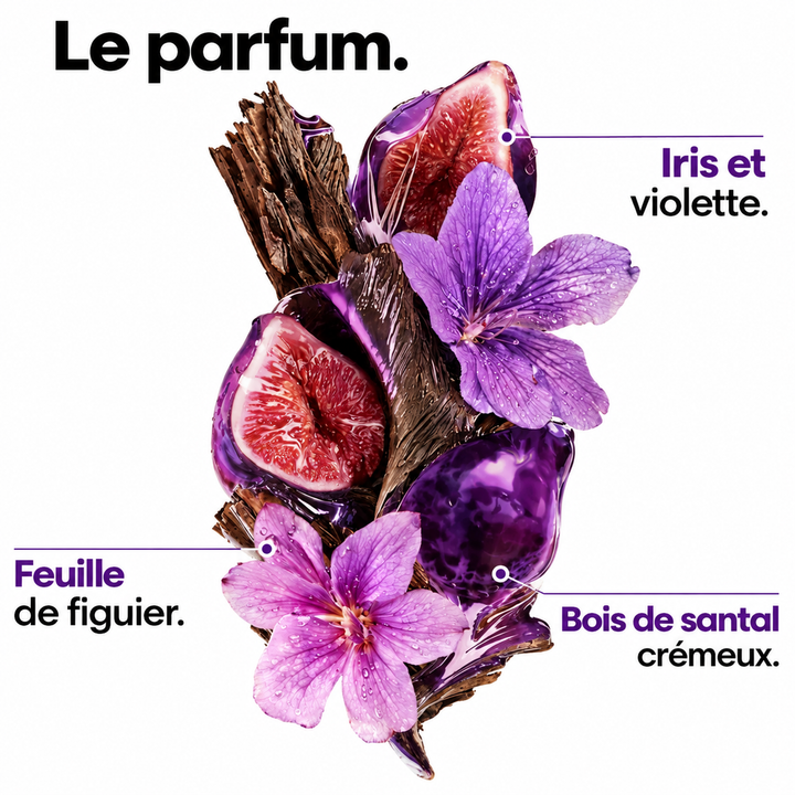Notes parfumées Keratin Alpha Sleek avec feuille de figuier, iris, violette et bois de santal crémeux.