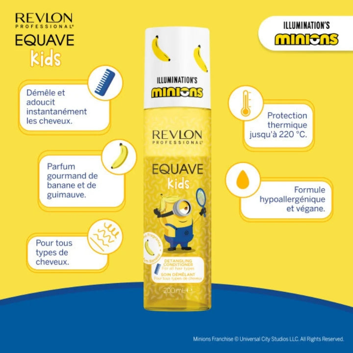 Spray démêlant REVLON Equave Kids Minions parfum banane avec bienfaits illustrés : démêlage instantané, formule végane et protection thermique.