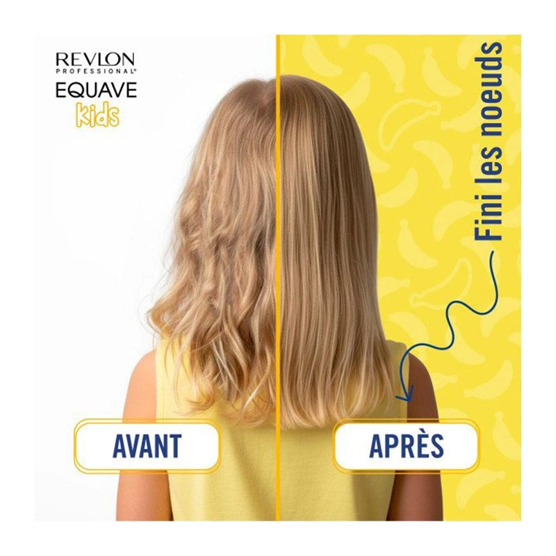 Comparatif avant après du soin démêlant REVLON Equave Kids montrant des cheveux d’enfant plus lisses, brillants et sans nœuds.