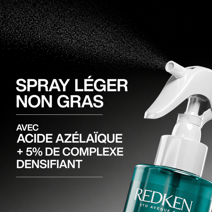 Spray capillaire léger Redken Acidic Grow Full diffusant une brume fine, formule non grasse avec acide azélaïque et complexe densifiant, flacon turquoise sur fond noir.