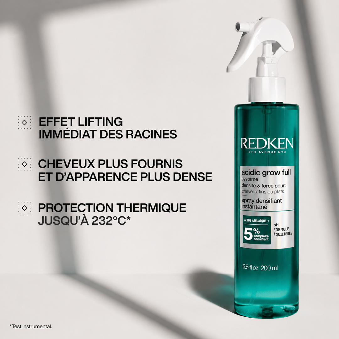 Spray densifiant Redken Acidic Grow Full en flacon turquoise avec vaporisateur blanc sur fond clair, mettant en avant volume immédiat, protection thermique et effet cheveux plus fournis.