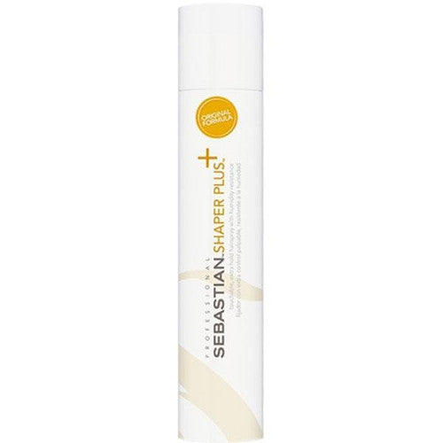 Fixatif cheveux Sebastian Shaper plus en aérosol blanc avec logo jaune Original Formula, spray coiffant tenue extra ferme, présenté sur fond blanc minimaliste.