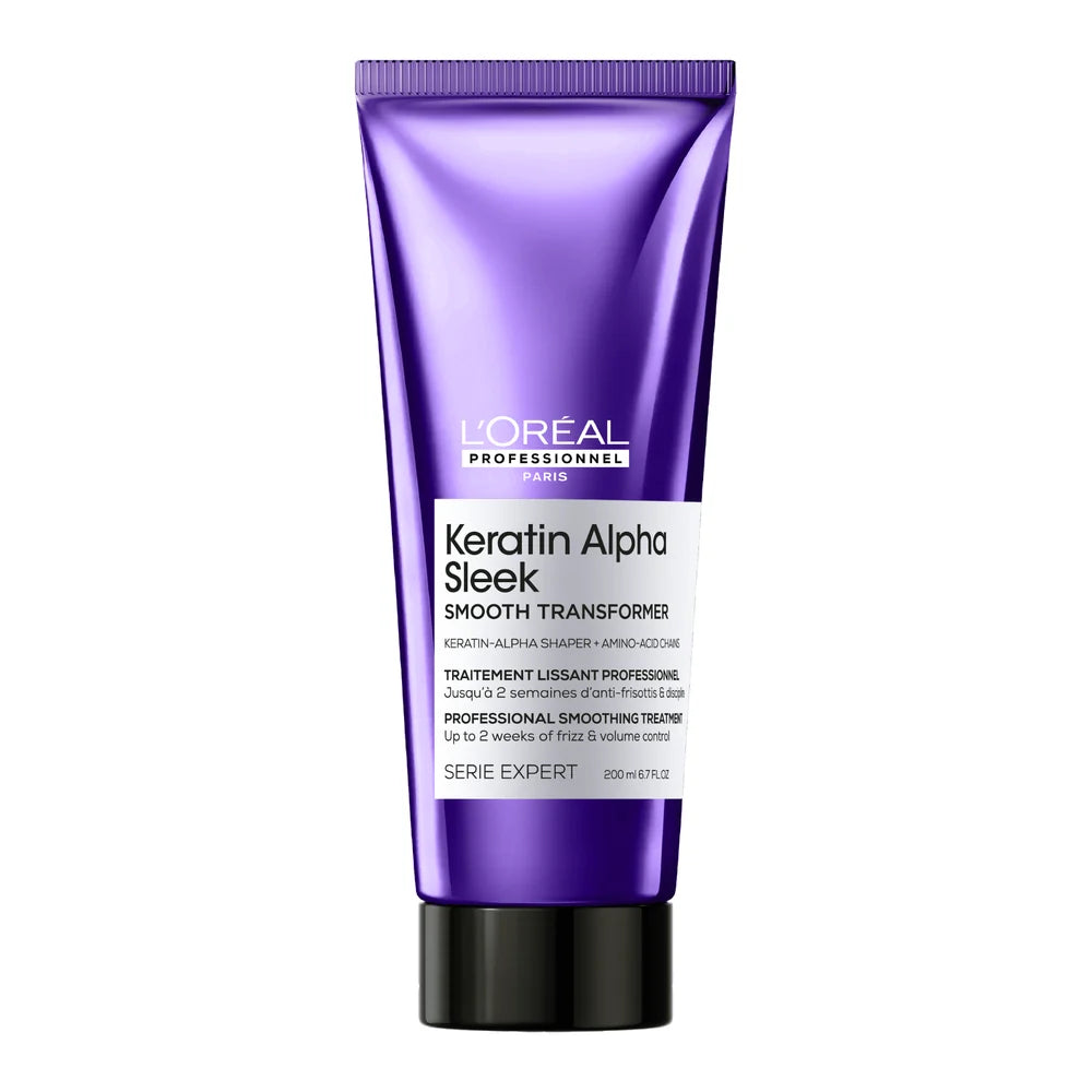L’Oréal Professionnel Keratin Alpha Sleek Traitement Lissant 200 ml en tube violet avec bouchon noir, présenté sur fond blanc.