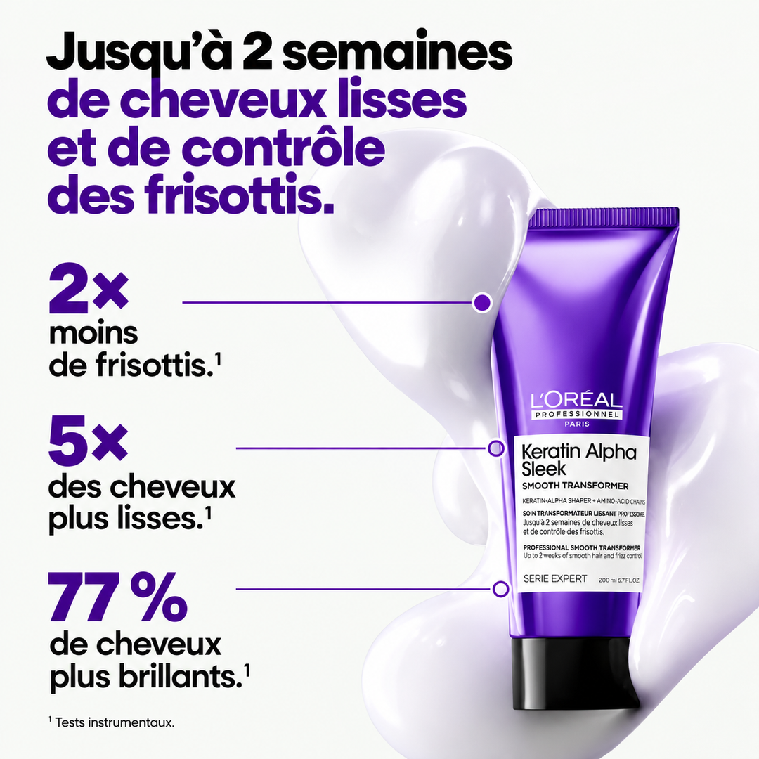 L’Oréal Keratin Alpha Sleek Traitement Lissant 200 ml, soin anti-frisottis offrant jusqu’à 2 semaines de lissage, 5× plus de douceur et 77 % de brillance en plus.