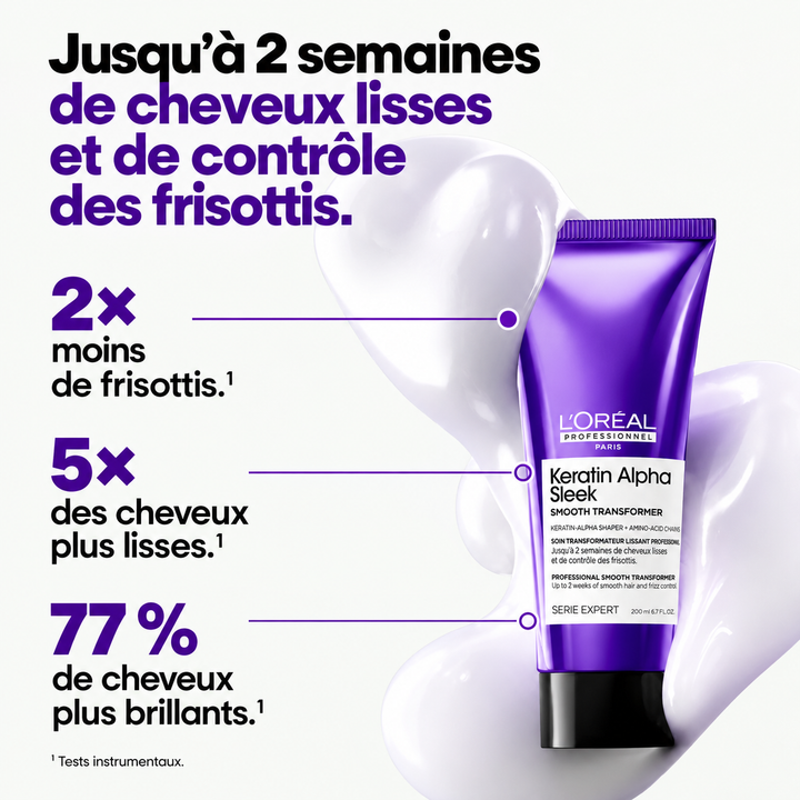 L’Oréal Keratin Alpha Sleek Traitement Lissant 200 ml, soin anti-frisottis offrant jusqu’à 2 semaines de lissage, 5× plus de douceur et 77 % de brillance en plus.