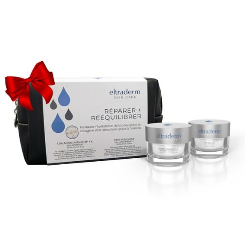 Coffret de soins visage Eltraderm "Réparer + Rééquilibrer" sur fond blanc, comprenant une trousse noire décorée d’un nœud rouge, une crème au collagène et une crème réparatrice en pots transparents avec couvercles argentés. Produits hydratants et raffermissants pour restaurer la peau.
