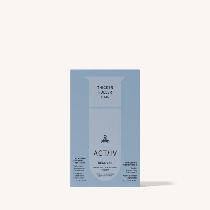 Coffret ACT/IV Recover bleu shampoing épaississant et revitalisant pour hommes format 80 ml, packaging minimaliste avec mention thicker fuller hair sur fond clair studio.