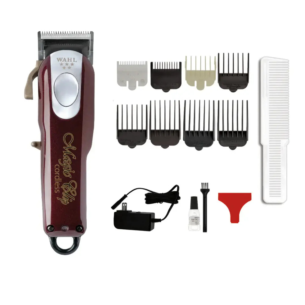 Tondeuse WAHL Magic Clip sans fil avec sabots de coupe, peigne, huile, brosse de nettoyage et chargeur, kit complet de coiffure sur fond blanc.
