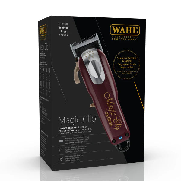 Boîte officielle WAHL Professional Magic Clip cordless avec visuel de la tondeuse bordeaux, emballage noir haut de gamme pour usage professionnel.