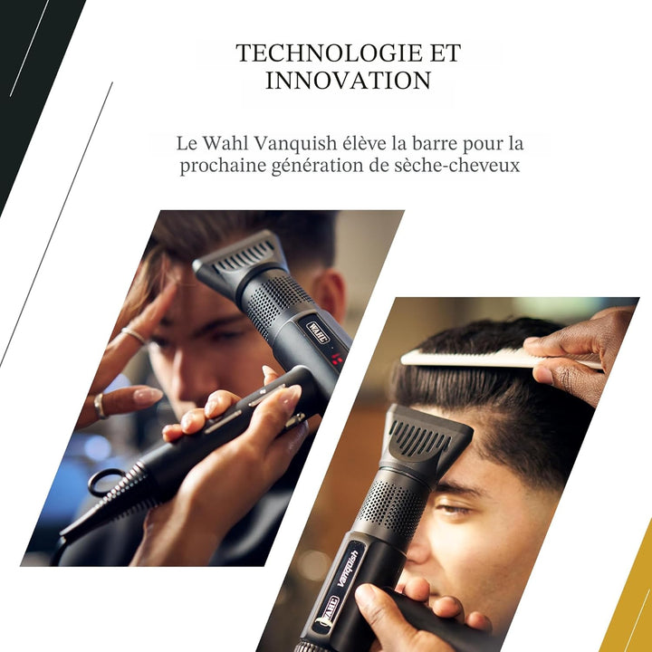 Séchoir professionnel WAHL Vanquish utilisé par un coiffeur pour un coiffage précis avec embout concentrateur, brushing sur cheveux courts, design noir ergonomique en salon.